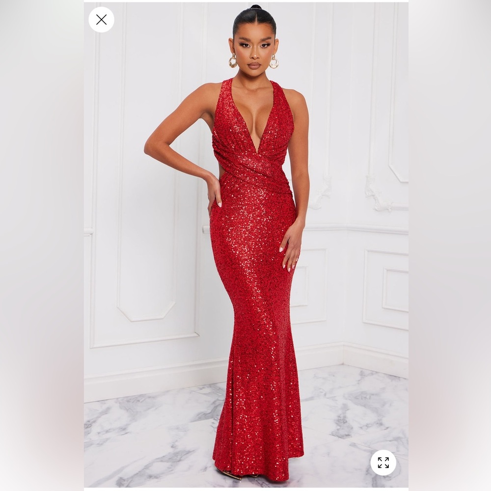 Fashion Nova Red Sequin Halter Maxi Dress